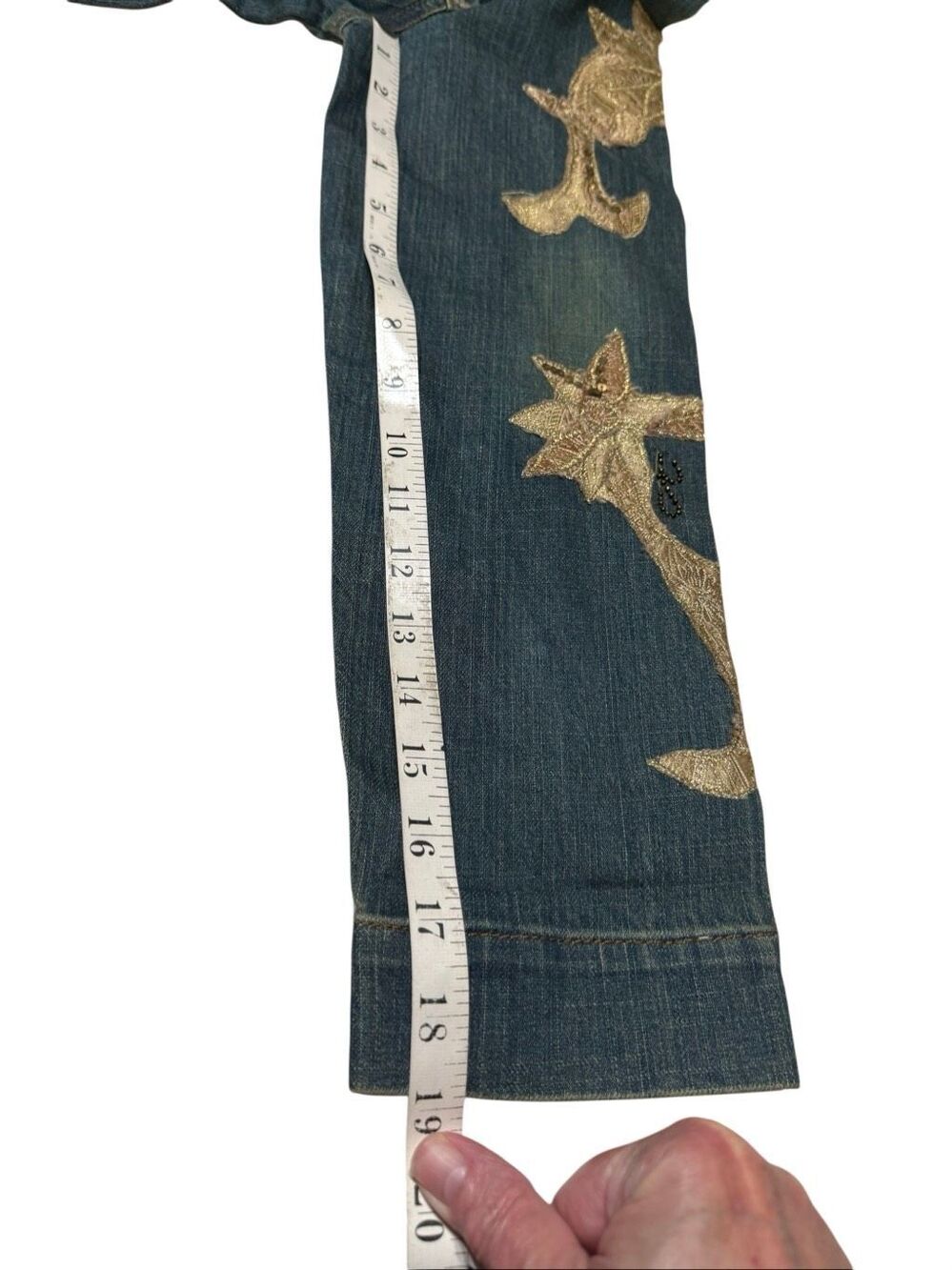 Chico's blue denim jacket intricate metallic gold/cream abstract appliqué / sequ - Picture 6 of 6